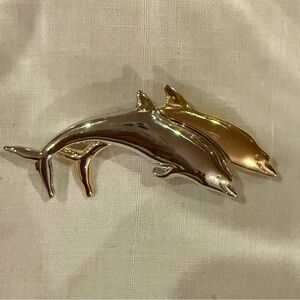 Vintage Brooch Dolphins Silver and Gold Peace Love by Liz Claiborne